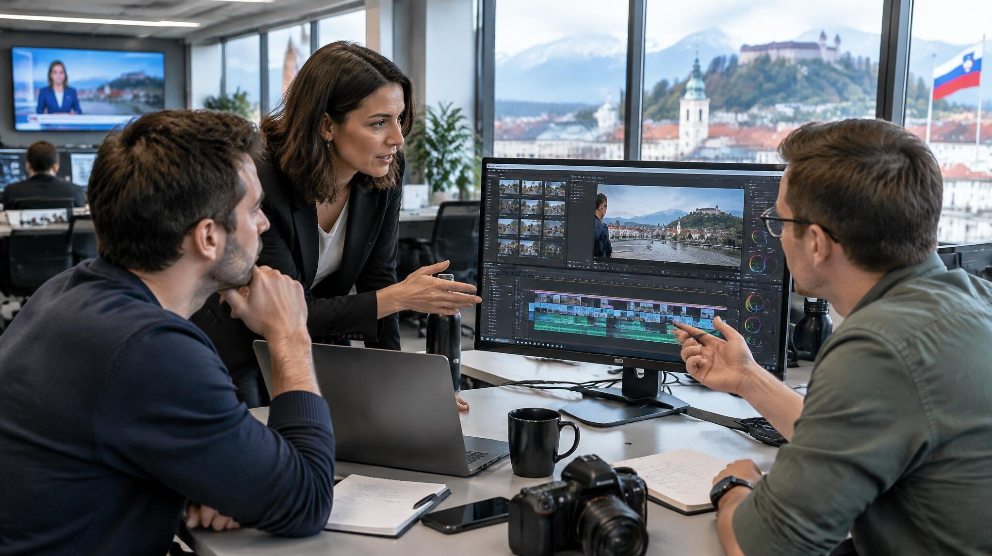 Journalists working together in a modern newsroom