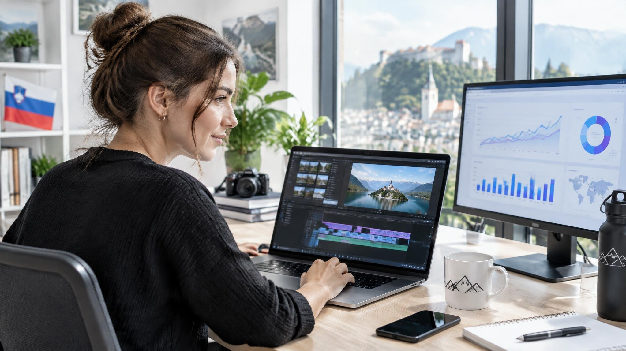 Digital media producer editing content on a laptop