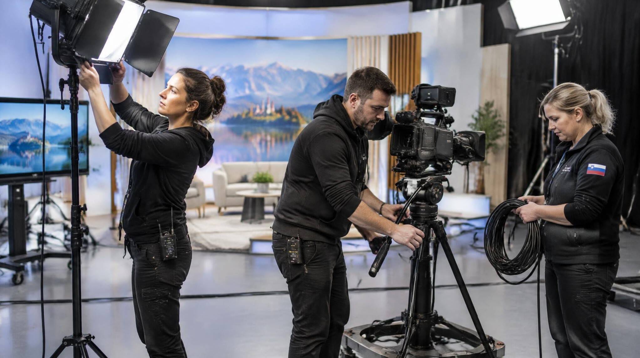 Television production crew setting up cameras and lights