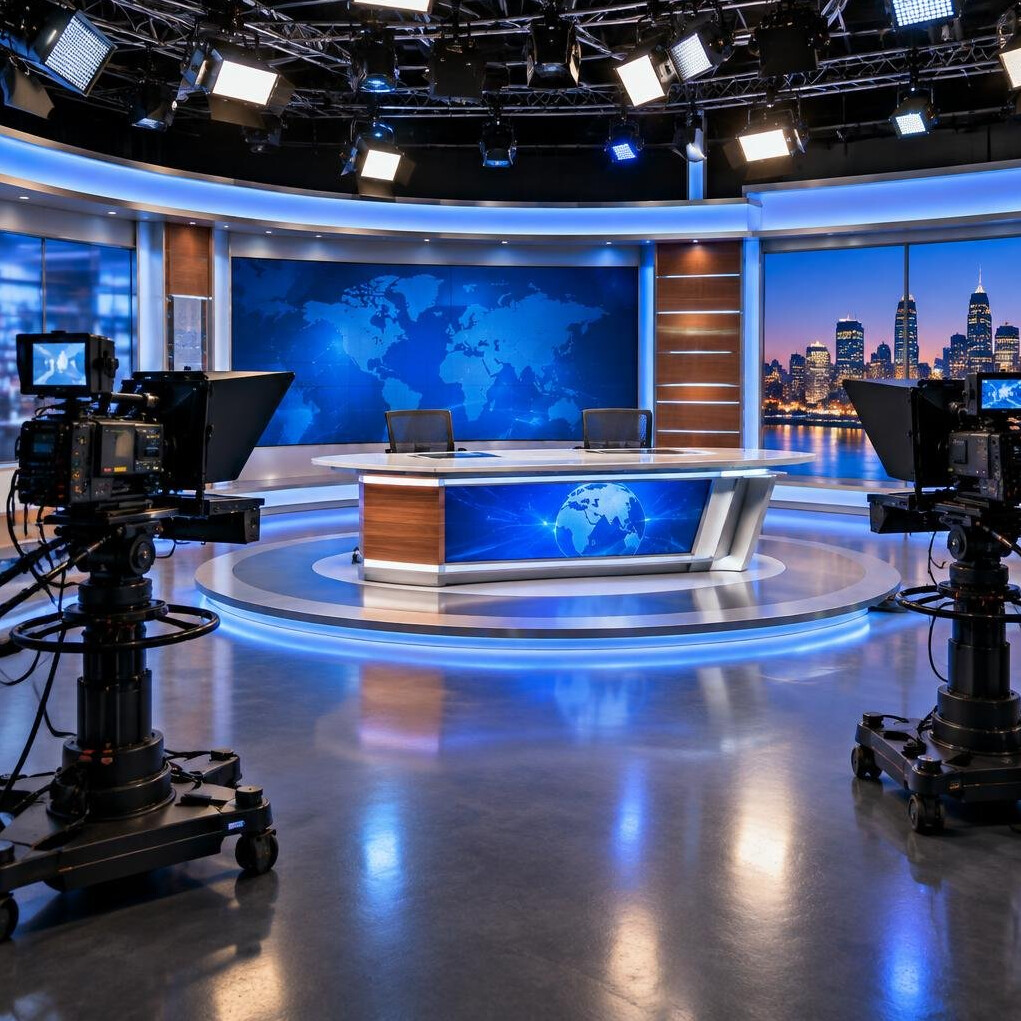 Television studio with cameras and lighting rig