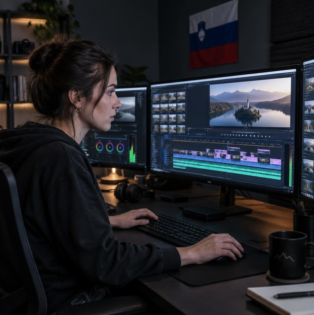 Video editor working on footage at a workstation