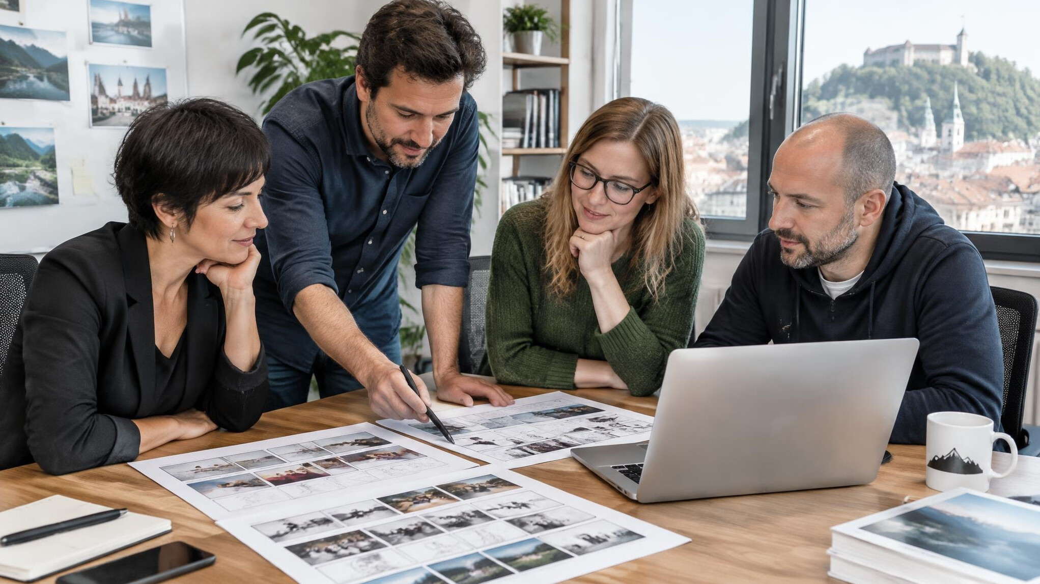 Editorial team reviewing a story in a meeting room