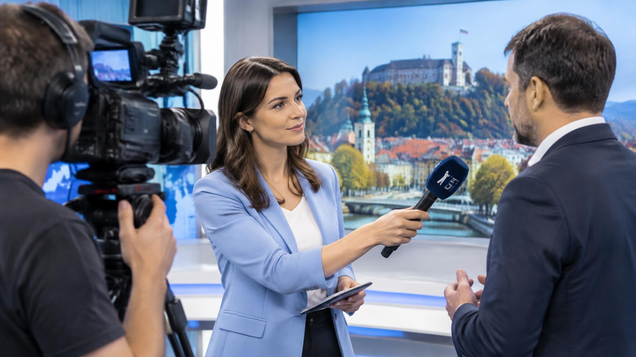 Journalist conducting a television interview with camera crew