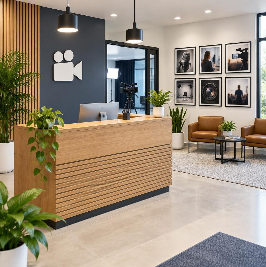 Bright reception desk of a media training studio